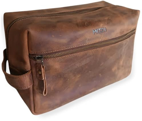 MODDI® Handgefertigter Kulturbeutel XL aus echtem Leder – Premium Kosmetiktasche für Herren & Damen mit viel Stauraum – Funktionale Reise Kulturtasche, Vintage Braun