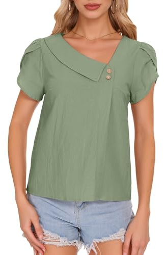 Atxnn Chemisier pour Femme Chemise Manches Courtes Blouse Coton Lin Décontractée Top Chic et Élégante Col V Couleur Unie Haut Été
