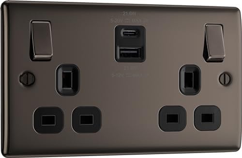 BG Electrical Double Switched Power Wall Plug Socket with Fast Charge USB A and USB C Charging Ports, Nexus Metal, Black Nickel, 13A, 22W, NBN22UAC22B