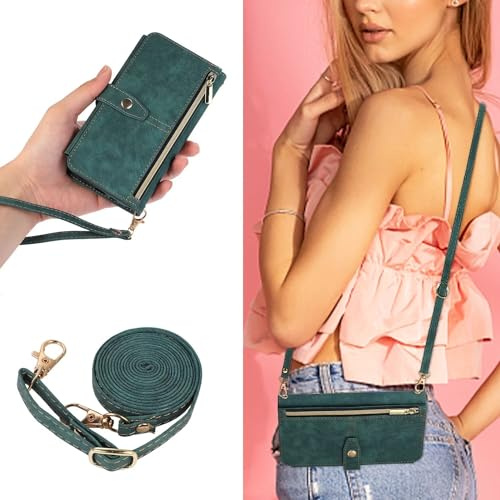 FMPCUON Hülle für Samsung Galaxy A50/A50S Hülle mit Band, Leder Samsung Galaxy A50/A50S Handytasche Handyhülle Praktische Handykette Kartenfächer Brieftasche Umhängetasche Galaxy A50/A50S Case, Grün
