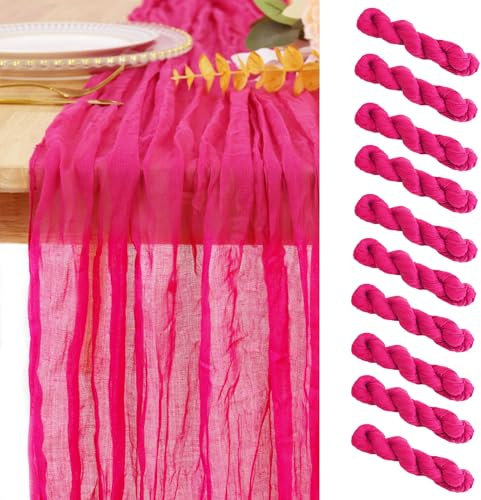 PATYDEST Lot de 10 chemins de table en étamine, tissu en gaze transparent de style bohème pour tables de mariage, fête prénuptiale, anniversaire - 304,8 cm de long - Rose vif