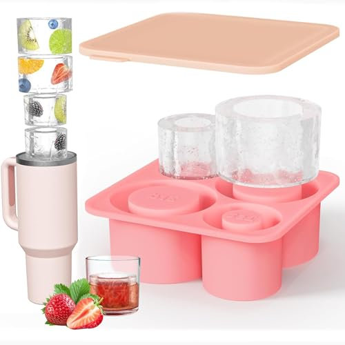 Toivize Cup Ice Mold for Stanley, Ice Cube Tray for Stanley Silicone Ice Mold with Lid Cup Ice Mould for Stanley for 20-40 Oz Tumblers 4 Hollow Cylinder Molds for Cocktails, Whiskey, Coffee - Pink