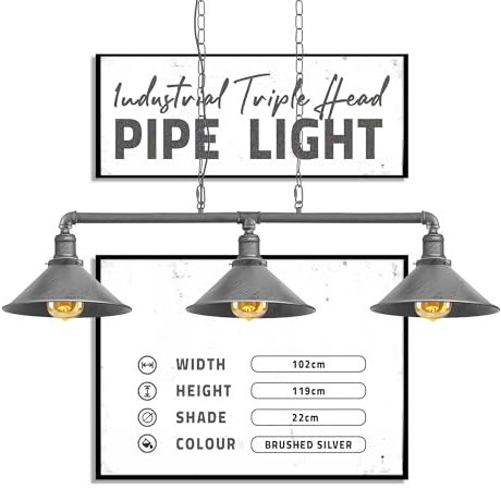 DC VOLTAGE Industrial Suspended Ceiling Pendant 3 Lamp Brushed Silver Metal Water Pipe Vintage 22cm Shade with Hanging Chain Light Fitting for Living Room Home Decor & Improvement Essential