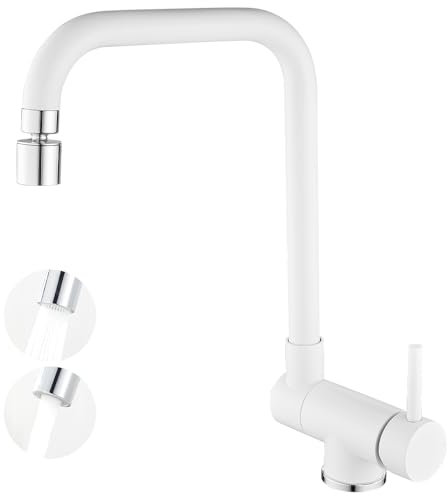 Maynosi Front Window Kitchen Sink Mixer Tap, Folding Kitchen Mixer Tap with 360° Swivel, Stainless Steel Foldable Faucet with 2-Modes Sprayer and Flexible Tails, White