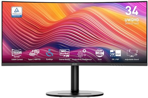MSI MD342CQP 34 VA 3440 x 1440 (UWQHD) Modern Computer Monitor 120Hz 1800 Curved Adaptive Sync HDMI DP USBC 98W Power Delivery KVM Height Adjustable VESA Speakers 1ms