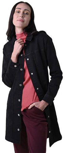 Enorsia Womens Slim Longline Bodycon Black Denim Jacket Elegant Mid-Length with Snap Button Fastening Twin Button Cuffs Side Pockets Soft Cotton Rich Fabric Perfect for Casual Ladies Denim Jacket