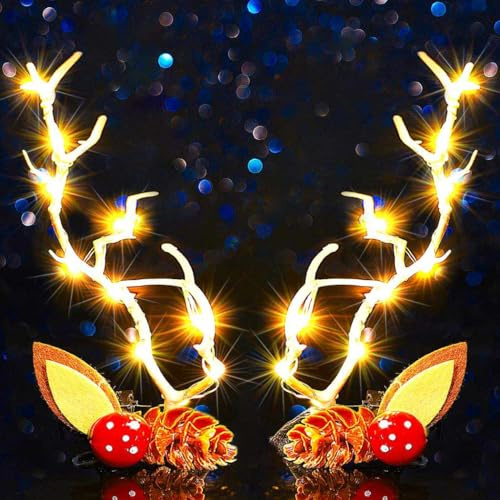 Zoestar Lot de 2 pinces à cheveux lumineuses de Noël avec bois de renne pour femmes, serre-tête festif et costume pour femme