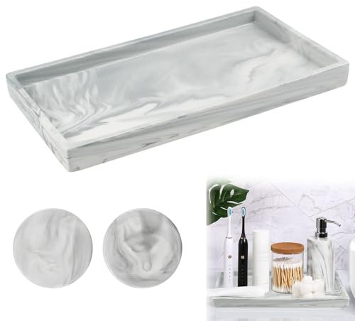 Bathroom Vanity Tray, ADERTOS 28x16CM Ceramic Dresser Jewelry Dish Countertop Organizer Plate Holder Kitchen Sink Storage Tray Marble Serving Tray with 2 Coaster for Candle Soap Towel Perfume Comestic