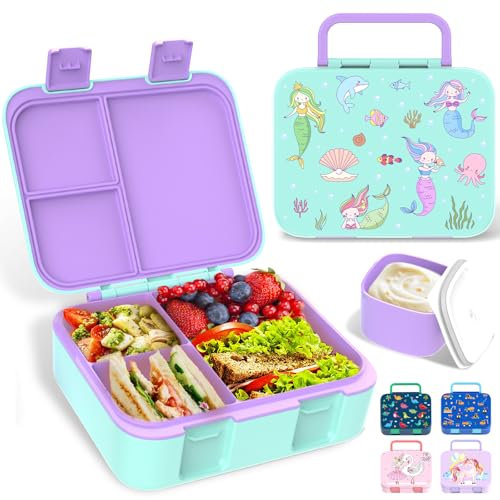 Anyiner Lonchera bento a prueba de fugas con múltiples compartimentos y tarro de salsa, caja de aperitivos portátil para niños y adultos, escuela de trabajo, sirena verde lago