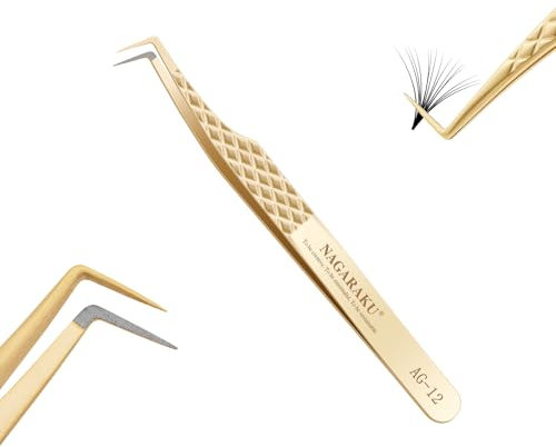 NAGARAKU Pince Fibre Cils Mega Volumineux Greffage Pince à Épiler Précision Professionnelle Poignée Antistatique Antidérapante Acier Inoxydable Curved Tweezer pour Créer des Fleurs de Cils (85°AG-12)