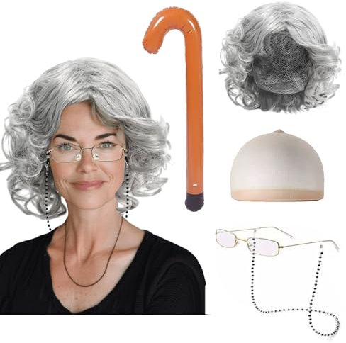 FUIPVGI oma kostüm kittelschürze damen perücke graues Oma Perücken Set mit Oma-Perücke, Brille und Kette, Zubehör Set für Halloween, Welttag des Buches, Maskerade, Karneval