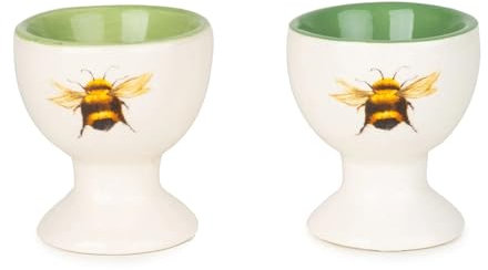 Home Deco London Ceramic Bee Egg Cups, Set of 2, White and Green