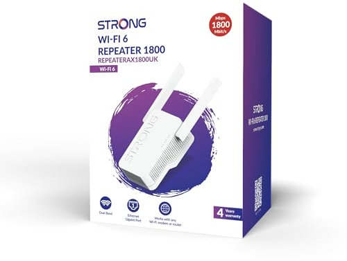 STRONG REPEATERAX1800UK Wi-Fi 6 AX1800 Range Extender, Dual Band, 1 Gigabit Port & 2 External Antennas, Bridge and Access Point Mode, UK Plug