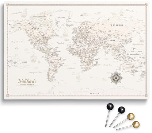 Personalisierbare Leinwand aus Weltkarte Motiv mit Rückwand-Pinnwand, perfekt für Reisende und als Wanddekoration, Dekorative Leinwandbilder, inkl. 100 Pins (Design 5, 120x80cm)