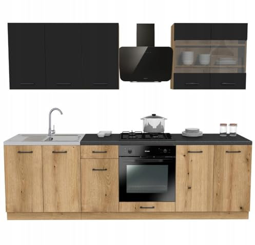 Laclar Küchenzeile 260 cm - Modulare Möbel für die Küche - mit 8 Schränken - Arbeitsplatte - Soft-Close - ohne Spülbecken Geräte - Mix Capri 260 Schwarz/Evoke Oak - Küchenarbeitsplatte District Dark