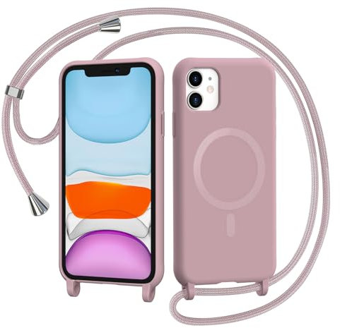 AOMYKE Handyband für iPhone 11 Hülle mit Band, Magnetisch Handyhülle kompatibel mit Magsafe zum Umhängen Schutzhülle mit Kette Kordel Weich TPU Liquid Silikon Case,Pink