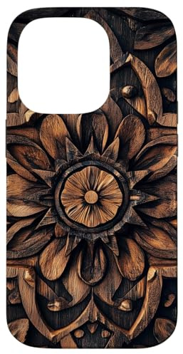 Hülle für iPhone 14 Pro Filigranes Mandala-Blumenmuster im Holzoptik-Design
