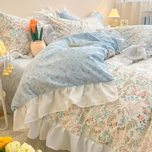 GETIYA Bunt Blumen Bettwäsche 135x200 Baumwolle Bettbezug mit Rüschen Damen Mädchen Bettwäsche Blattmuster Blumenmuster Deckenbezug Weiß Blau Wendebettwäsche mit 1 Kissenbezug 80x80