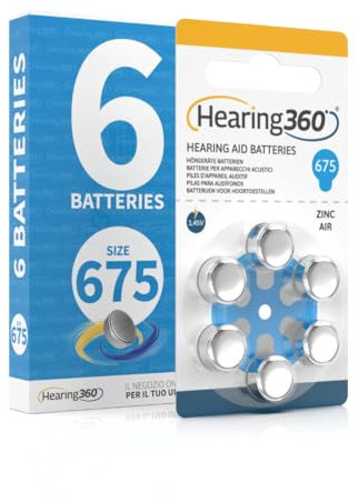 Hearing360 PR44 hearing aid batteries measure 675, mercury free batteries extra durability and reliability (1 blue blister, 6 batteries)