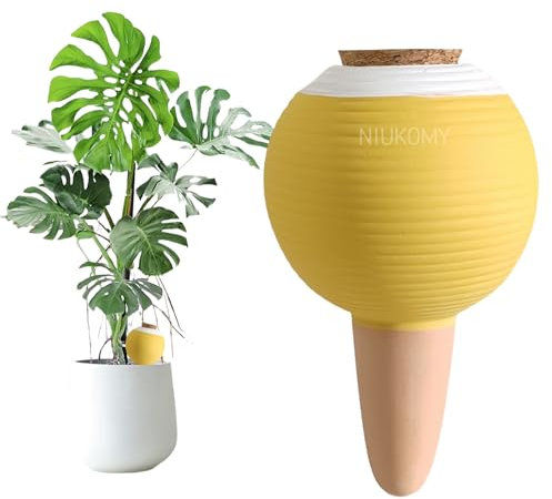 NIUKOMY Distributeur d'eau pour Plantes en Pot 450 ML, Arrosage Automatique Terre Cuite Grande, Cône D'arrosage Argile avec Bouchon pour Vacances, Énage, Bureau, Jaune