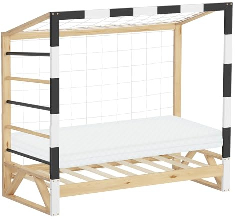 ML-Design Kinderbett Fußballtor 70x140 cm mit Matratze, Holzbett mit Lattenrost & Tornetz, Jugendbett aus Kiefernholz, Einzelbett für Kinder, Bettgestell mit Holzrahmen, Fußballbett-Tor, Handballtor