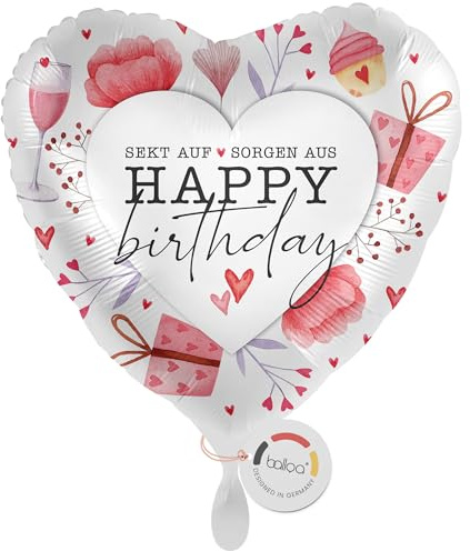 balloa Herzballon Sekt auf Sorgen aus, XXL Folienballon, 53 cm | Sektglas-Design mit Spruch und Blüten, Herzform, XXL, heliumgeeignet, ungefüllt, Geburtstagsdeko in Rosa für Frauen