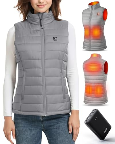 UNBON Veste Chauffante Femme, Gilet Chauffant Femme avec Batterie Incluse USB 10000mAh, Gilet Chauffant Électrique avec 3 Températures 6 Zones de Chauffage, Doudoune Chauffante sans Manche, Gris, S