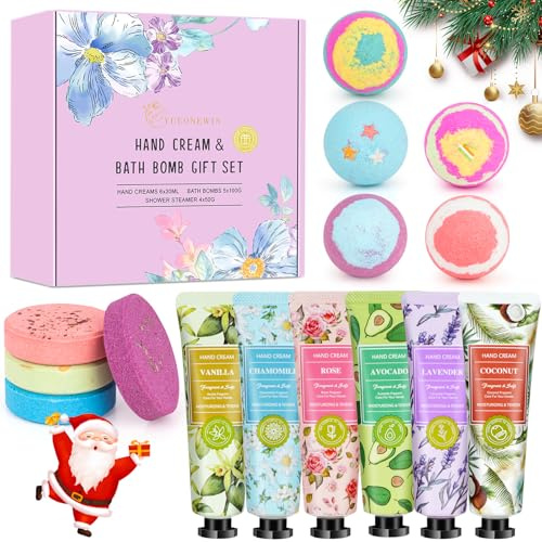 Geschenkset für Frauen, Weihnachten Geschenkset mit 6 Mini Handcreme, 5 Badebomben, 4 Duschbomben, Kleine Geschenke für Frauen, Kollegen, Mama, Muttertag, Geburtstag, Weihnachtsgeschenke Kleinigkeiten