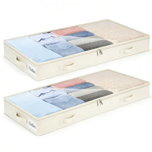 Underbed Storage Bags 2 Pack, 10cm Tall Large Under Bed Storage Box with zip, Foldable Shallow Wardrobe Storage Organiser with Clear Window & Reinforced Handle for Clothes, Blankets, Shoes, Bedding