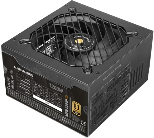Mars Gaming MPB1200PSI 1200W Netzteil, 80 Plus Gold, Vollmodular, Schwarz | 10 Jahre Garantie, 80Plus Gold 92 %, Japanische Toshin Kyogo Kondensatoren 105 °C, DC-DC SMD AI2-RPM, ATX 3.1, PCIe 5.1