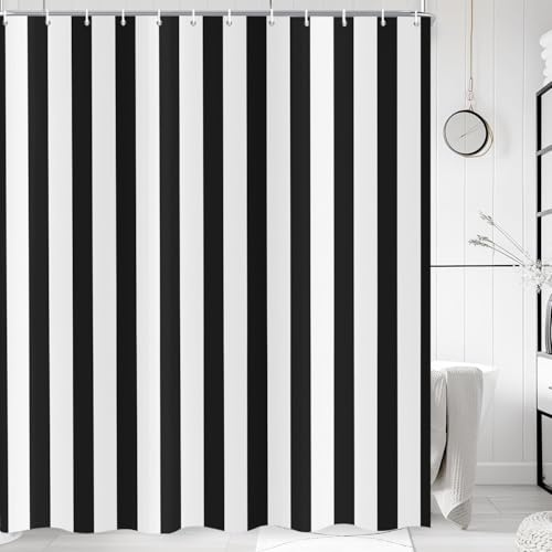 ASDCXZ Rayé Rideau de Douche 180x200 cm, Moderne Minimaliste Japonais Style Noir et Blanc Verticale Rayures Imperméable Bain Rideau Textile Lavable Rideaux Douche pour Baignoire avec 12 Crochets