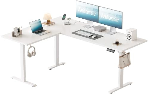 Agilestic Höhenverstellbarer Eckschreibtisch 160 x 120 cm | L-förmiger Schreibtisch elektrisch, 80 kg Belastbarkeit, 3 Speicherplätze, Computertisch für Homeoffice, Weiß