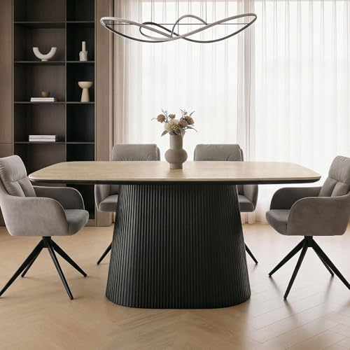 IDIMEX Esstisch Grano 180 x 90 cm mit Keramikplatte, Beige/Schwarz - Esszimmertisch in Travertinoptik, mit Steinplatte und Säulengestell mit Lamellen, pflegeleicht und modern
