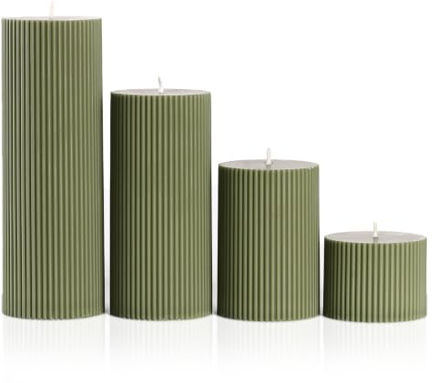 LETINE 4 Stück Gerippte Stumpenkerzen, Grün, Hochwertigem Paraffinwach | Lange Brenndauer, Unparfümiert für Weihnachtdekoration, kommunionkerze, verschiedene Größen 20-15-10-5cm, Ø 7cm