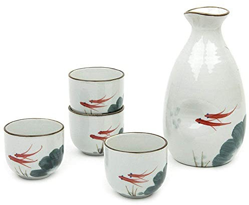 Sake Set Japanese Sake Cup Set Traditional Hand Painted Design Porcelain Pottery Ceramic Cups Crafts Wine Glasses 5 Piece (Red Fish)