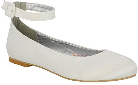 Womens Flat Ankle Strap Ballet Pumps Ladies Ballerina Party Bridal Smart Shoes Shoes 3-8 White Satin