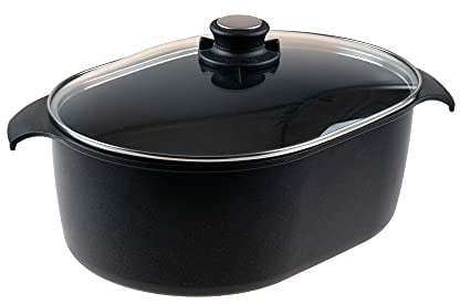 Pfannen Harecker Gussbräter Induktion 32x22cm | Aluguss mit Glasdeckel | PFOA-freie Antihaftversiegelung | backofenfest bis 240 °C | Made in Germany