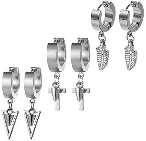 Aroncent 3 Paare Creolen Ohrringe Ohrstecker aus Edelstahl mit Feder Kreuz Triangel Ohrhänger Huggie Ohrpiercing Ohrringeset Silber