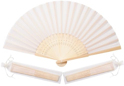 Sepwedd 50pcs Cream Imitation Silk Fabric Bamboo Folding Hand Fan Wedding Dance Church Wedding Gift Party Gift with Gift Bag
