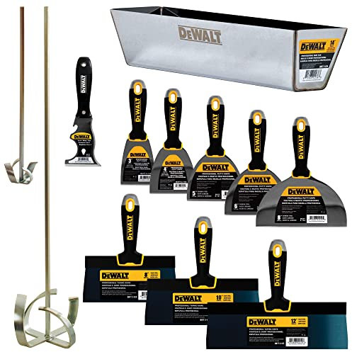 DEWALT Deluxe Blue Steel Hand Tool Set, 12'' Taping Knives, 6'' Putty Knives, 2 Mud Mixers + Bonus 14'' Mud Pan