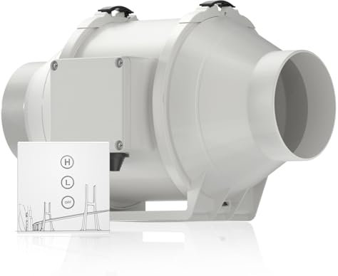 Hon&Guan 100mm Regelbarer Rohrventilator, 198m³/h Inliner Rohrventilator mit Kontrolle, Abluftventilator für Belüftung, Wachstumszelte, Hydroponik, Keller, Garage, Küche, Zwei Geschwindigkeit, Grau