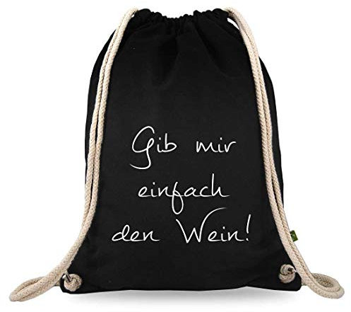Turnbeutelliebe® Turnbeutel mit Spruch - lustige Motive & Sprüche - Bedruckt - Baumwolle schwarz - Sportbeutel - Rucksack - ca. 12 Liter - 37 x 46 cm (Gib Mir einfach den Wein)