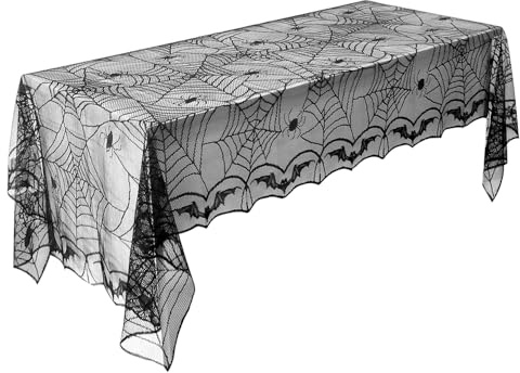 Yangfei Halloween Tisch Dekoration Tischdecke Spinnennetz Fledermaus Spitze Tischläufer Schwarz Polyester Deko für Halloween Party Küche Zimmer Garten (122x 244cm)