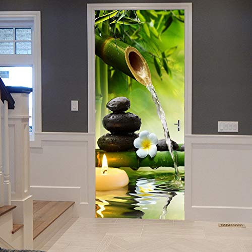 A.Monamour Türtapete Selbstklebend Türfolie Türposter 3D Yoga Meditations Grüne Bambus Wasser Natürliche Landschaft Vinyl Folie Türdeko Tapete Wandbild Türaufkleber Türtattoo 90 x 200 cm