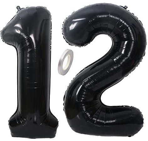Jrzyhi Ballons Zahlen Luftballon 12.Geburtstag Schwarz Riesen Folienballon Zahl 12 Helium Nummer Große XXLNummer 12.Happy Birthday 12Jahre Riesenzahl Ballons für Geburtstag, Hochzeit Party Deko 32zoll