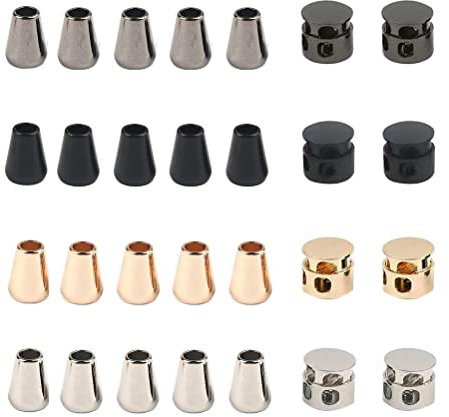 MiaLover Pack of 28 Locking Caps Cord Ends Set Metal End Piece Cord Closure Cord Stopper with 2 Hole Cord Clamp for Cords Lanyard Clothing Backpack Sportwear Paracord (4 Colours), 13x5mm (MYDE-473)