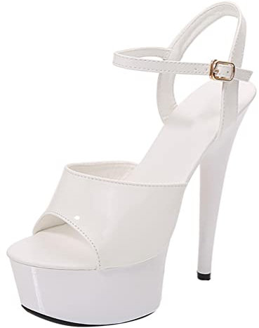 Minetom Damen Plateau Pumps High Heels Stiletto Schnallenschuhe Sandaletten Absatzschuhe Peep Toe Plattform Abend Party Sandalen Weiß 43 EU