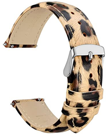 WOCCI 22mm Blumen Uhrenarmband für Damen, Echtes Leder, Schnellverschluss, Silberne Schnalle (Leopard)