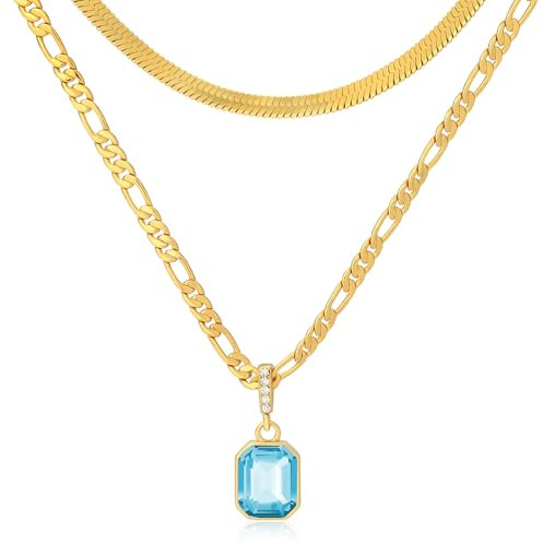 Mesovor Goldene Geschichtet Ketten Halsketten mit Anhänger Kristall, 18 Karat Vergoldete Figaro und Schlangenkette Halsband Halskette für Frauen Mädchen Schmuck Geschenke (Blau)