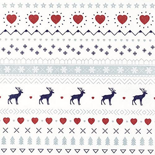 20 Servietten Skandinavisches Muster mit Rehe und Herzen | Winter | Weihnachten | Tischdeko | Decoupage | Serviettentechnik 33x33cm